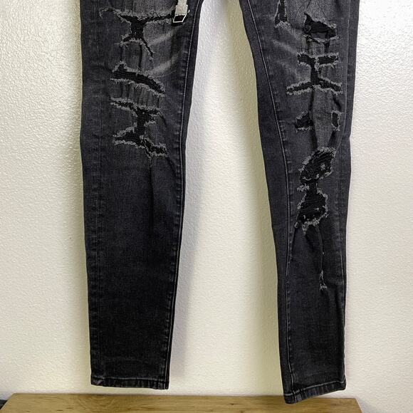Amiri Skinny Jeans Mens 29 Black Distressed Varsity Logo Designer Denim Stretch - Picture 3 of 10
